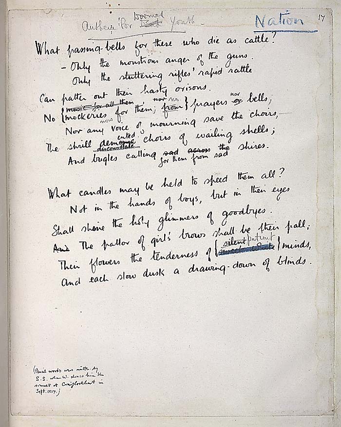 Handwritten copy of Anthem for Doomed Youth by Wilfred Owen with notes by Siegfried Sassoon